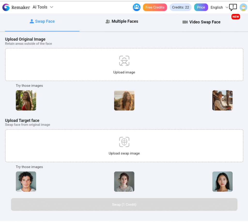 Remaker AI face swap interface 