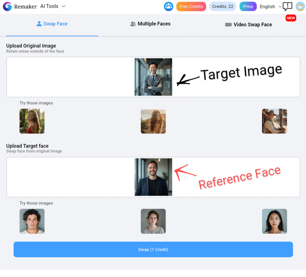 Process of uploading based image and target face to swap