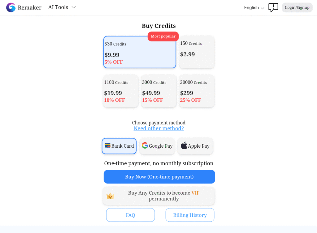 Screenshot of remaker ai pricing page