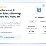 Adobe Podcast interface showcasing audio editing tools like noise reduction, transcription, and multi-track recording for professional-quality podcast production.