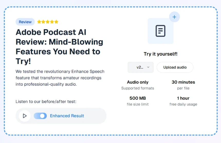 Adobe Podcast interface showcasing audio editing tools like noise reduction, transcription, and multi-track recording for professional-quality podcast production.