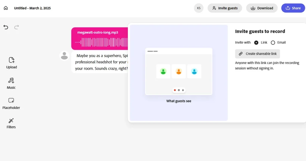 Screenshot of the Adobe Podcast interface with a pink audio file labeled 'megawait-auto-lang.mp3' on the left and a guest invitation panel on the right.