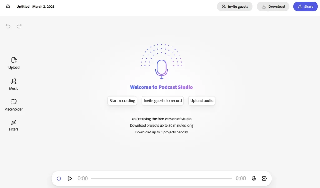 Adobe Podcast dashboard screenshot displaying various features like remote recording, transcription, and noise reduction.