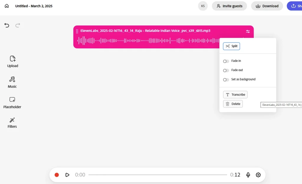 Screenshot of the Adobe Podcast interface displaying a pink audio waveform and a context menu with split, fade, set as background, and transcribe options.